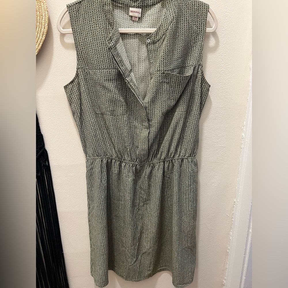 Green and white button down dress. Aztec print with elastic waist